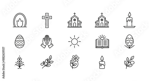 Easter and Christian Symbols Line Icons Set.