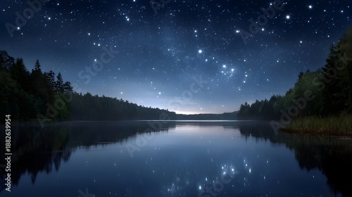 Wallpaper Mural A vast starry night sky with countless sparkling stars reflected perfectly on the surface of a calm dark lake surrounded by silhouetted forest Torontodigital.ca