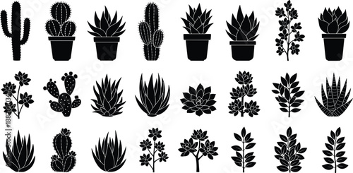 Succulent and cactus silhouettes collection with potted plants and leafy houseplants, modern botanical decor elements, black vector illustration isolated