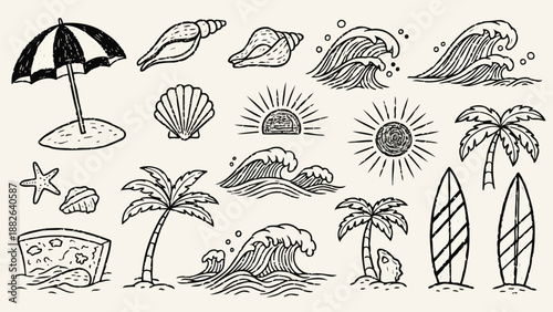 Vintage hand drawn beach vector set with palm tree and surfboard sketch