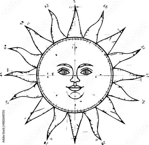 Mystical sun with human face celestial technical drawing with zodiac symbols and astronomical measurements