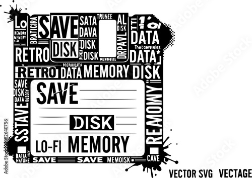 Retro floppy disk silhouette made of vintage computer data storage related typography and word cloud
