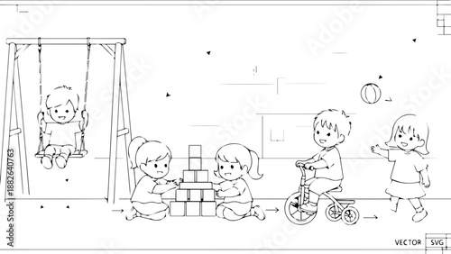 Technical drawing of children playing in a park featuring a swing set, building blocks, and a tricycle