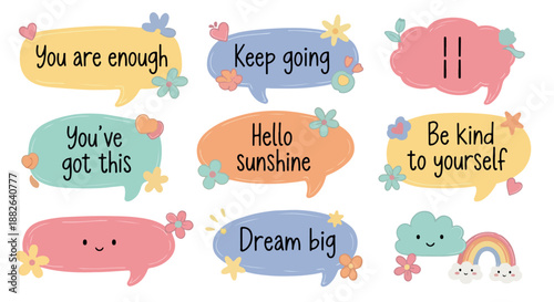 Positive affirmation speech bubbles with floral accents