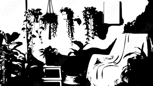 Cozy Bohemian Interior Design Featuring Lush Potted House Plants and Hanging Macrame Planters