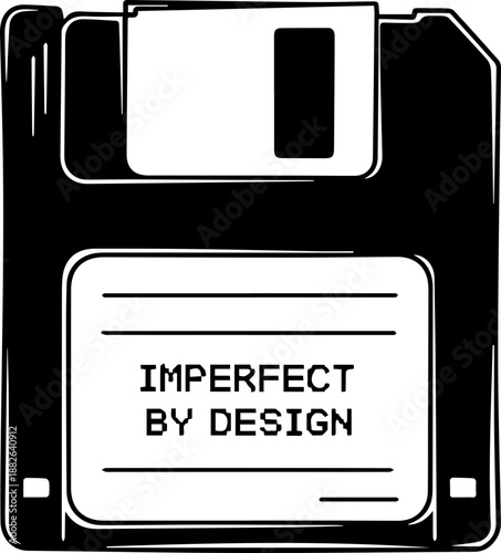 Retro Floppy Disk Line Art Icon with Imperfect By Design Text for Tech Nostalgia