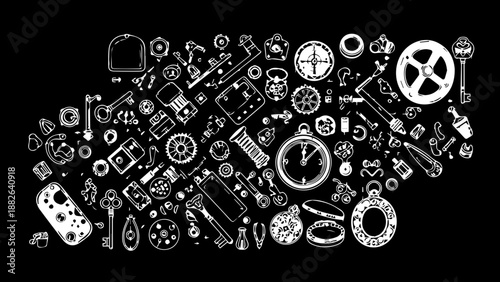 Technical Sketch of Mechanical Parts, Gears, Keys and Watch Components on Dark Blueprint Background
