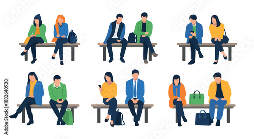 People sitting on benches with bags and phones