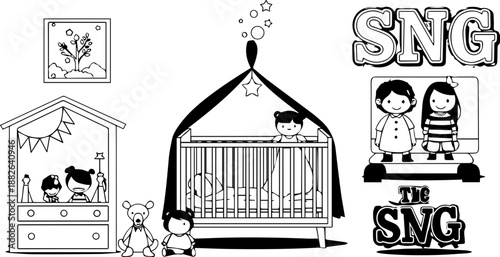 Cute Nursery Room Clipart Set with Crib, Dresser, Dolls and Teddy Bear Illustrations