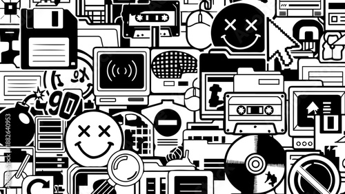 Dense Collage of Retro Tech Icons Including Floppy Disks, Cassettes and Smiley Faces