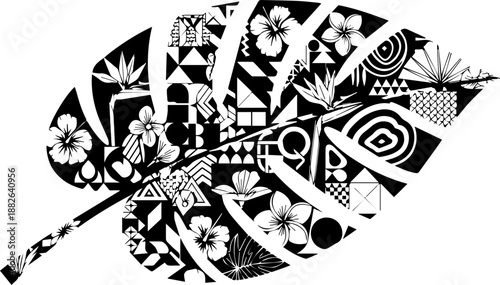 Artistic Monstera Leaf Silhouette Filled with Tropical Floral and Geometric Patterns