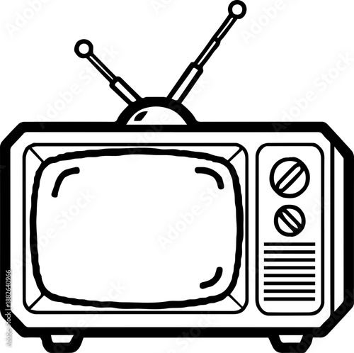 Vintage Television Set with Rabbit Ear Antennas, Simple Line Art TV Illustration