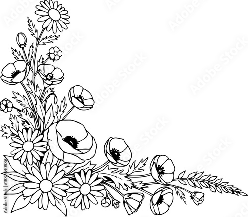 Tableau sur toile Delicate Corner Floral Frame Featuring Daisies and Poppies, Botanical Line Art B