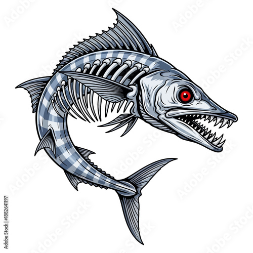wahoo fish skeleton mascot with red eyes and sharp teeth for fishing team or brand logo