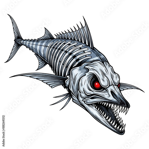 wahoo fish skeleton mascot with red eyes and sharp teeth for fishing team or brand logo