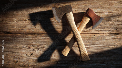 Two crossed axes casting shadows on a wooden surface, suggesting tools and craftsmanship