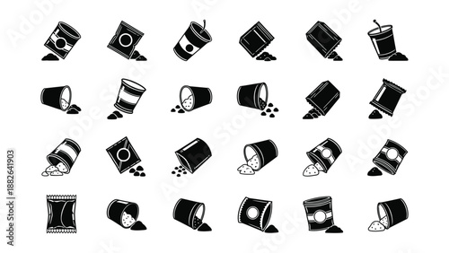 Collection of food packaging icons spilling dry ingredients
