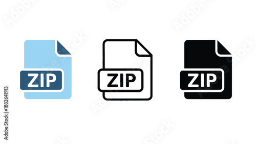 Three ZIP file icons in different colors on a white background
