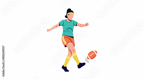 Female athlete kicking football with transparent background