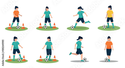 Female soccer player training with cones on field