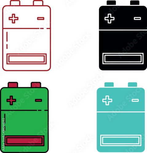 Four colorful batteries with plus and minus signs in different colors black green and blue