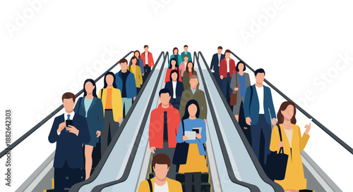 People riding escalators in a busy airport