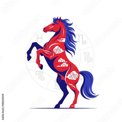 Chinese Zodiac Horse Rearing with Astrological Symbols and Clouds