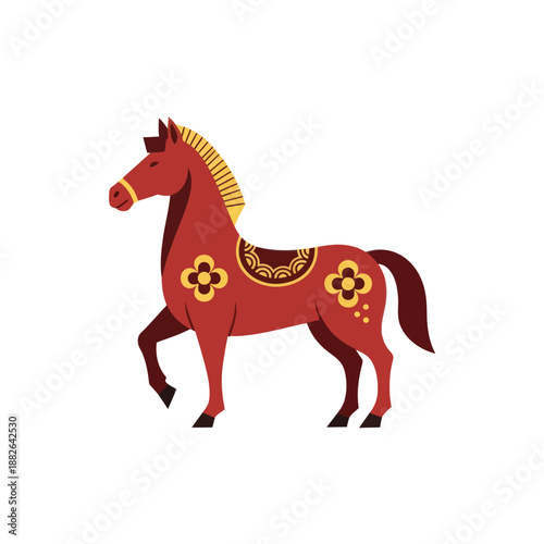 Stylized Red Horse Illustration with Decorative Saddle