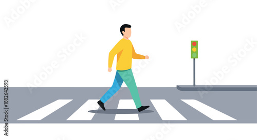 Man crossing street with traffic light