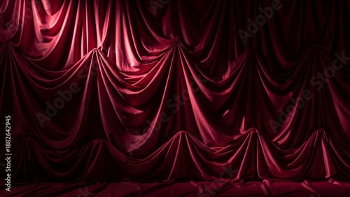 Luxurious red velvet curtain backdrop, draped elegantly with soft folds and shadows, creating a romantic and sensual ambiance for Valentine's Day or theatrical productions, a sumptuous texture.