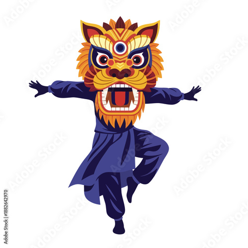 Traditional Chinese Lion Dance Performer in Dynamic Pose