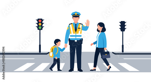 School crossing guard helping child and woman cross street