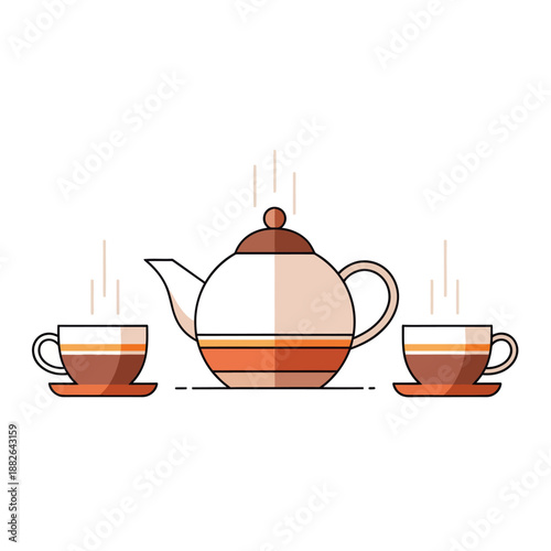 Flat Design Teapot and Two Cups with Steam, Cozy Beverage Break