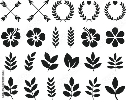 Botanical Laurel Wreath and Floral Arrow Silhouette Vector Set