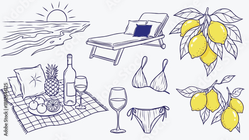 Summer vacation doodle set with beach picnic wine and bikini