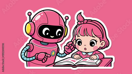 cute 3d stickers A cute pink robot helping a young girl with her studies, promoting education and technology in a fun and friendly way