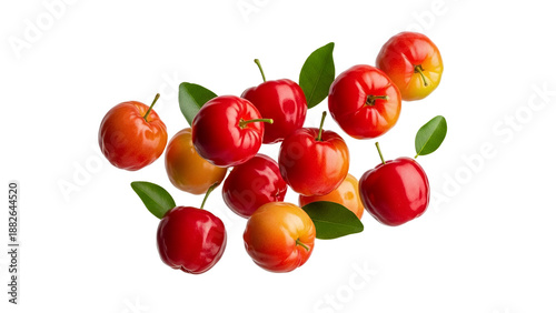 Vibrant ripe acerola cherries, rich in vitamin C, with green leaves, artfully arranged on a pure white background, showcasing freshness and health