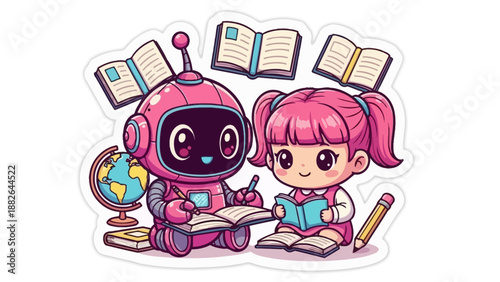cute 3d stickers Cute robot and girl studying together, surrounded by books and a globe, representing learning and education