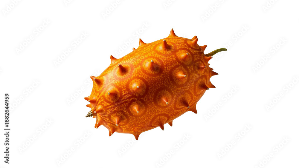 Obraz premium A visually striking kiwano melon, often called a horned melon, presents its distinctive spiky orange skin with vibrant texture, floating elegantly