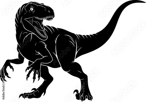 An aggressive velociraptor dinosaur, a swift bipedal theropod, depicted in a roaring silhouette.