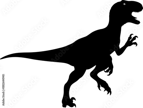 An active velociraptor dinosaur, captured in profile with open mouth and raised claw, simple vector silhouette.