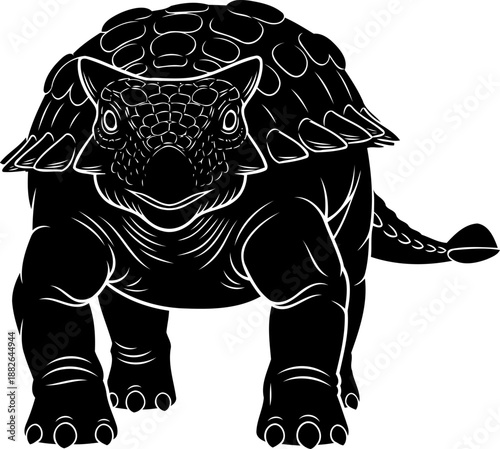 Ankylosaurus armored dinosaur, detailed vector illustration, imposing front view.