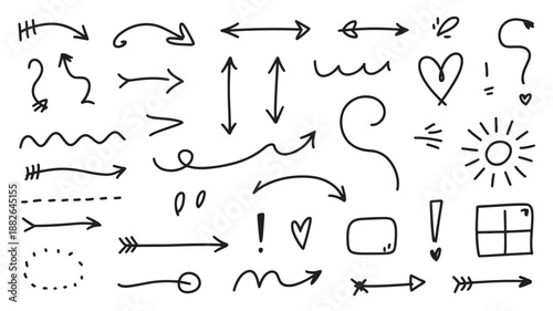 Hand drawn doodle elements in simple black line art style on white background for graphic design