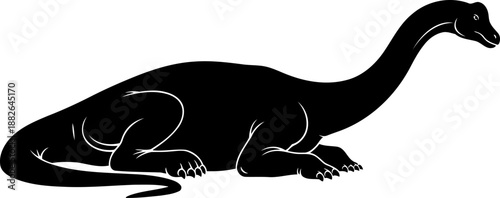 Brachiosaurus dinosaur silhouette, a long-necked sauropod resting on the ground.