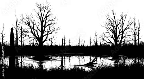 Barren swamp landscape silhouette, featuring dead trees and their reflections in still water.