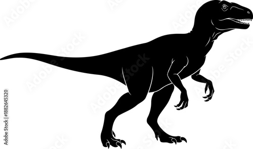 Detailed velociraptor dinosaur silhouette, standing in profile with open mouth and sharp teeth.