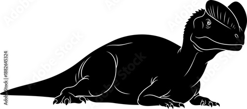 Dilophosaurus dinosaur silhouette, a crested bipedal theropod predator resting in profile view.