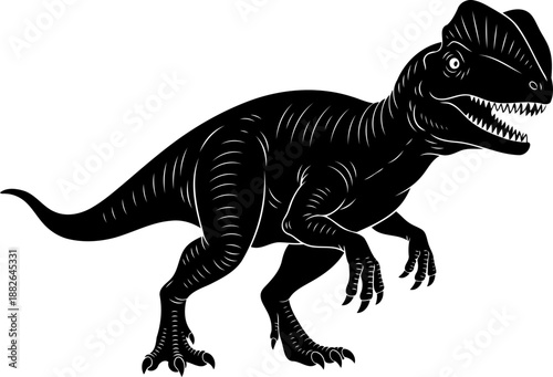 Dilophosaurus dinosaur silhouette, a crested theropod predator roaring aggressively.