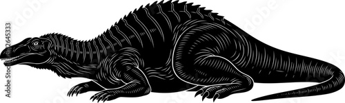 Dimetrodon prehistoric reptile silhouette, a synapsid with a distinctive back sail resting.