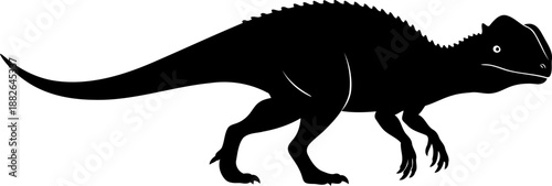 Dilophosaurus, a distinctive crested theropod, captured in a walking silhouette profile.